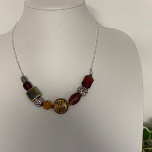 Multicolor Mixed Beaded Necklace Silver Tone Chain Brown Green Silver 17-20 in